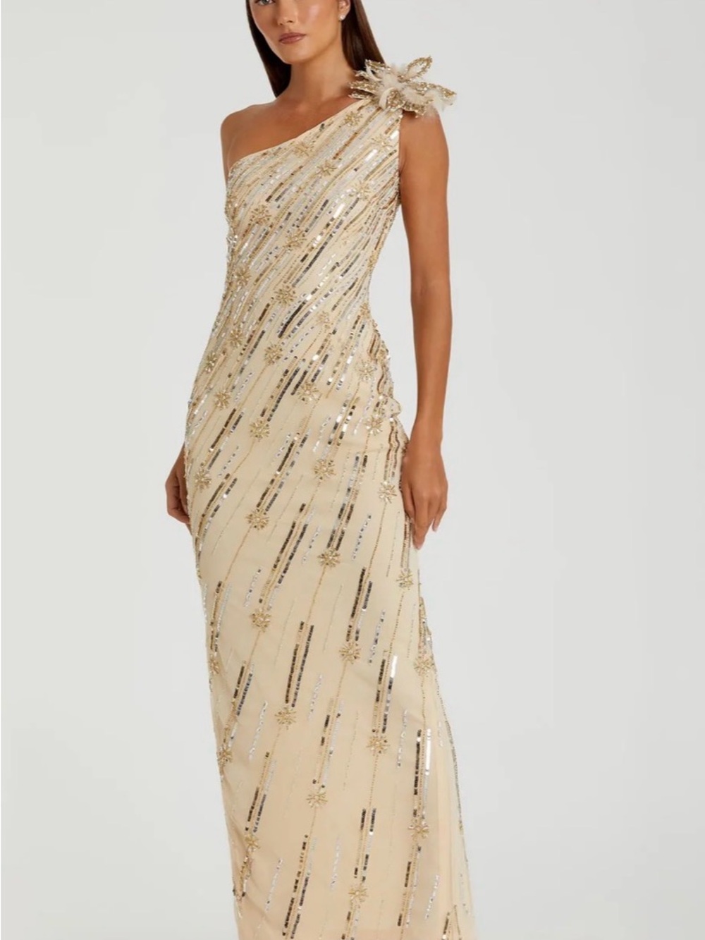 NWT Mac Duggal One-Shoulder Gold Sequin Evening Gown Mother of the Bride